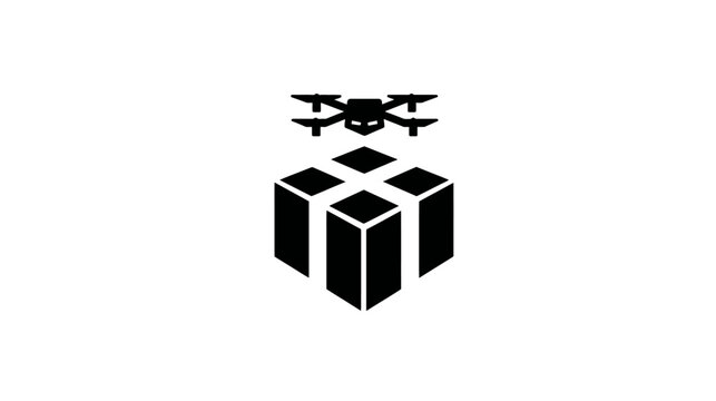 A black drone hovering above a geometric structure composed of cubes on a plain white background
