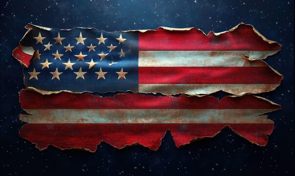torn weathered american flag painted on distressed wooden planks with peeling stars and stripes against a dark textured background, evoking resilience and somber nostalgia