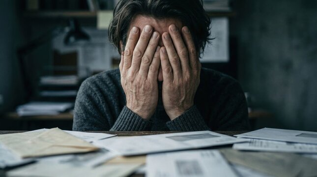 Gen Z & Millennial Financial Planning concept. Man sitting at desk covering face with hands, surrounded by papers and envelopes.