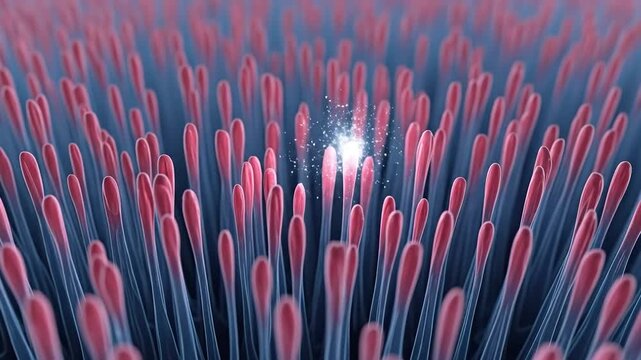 3D illustration of healthy intestinal villi with glowing tip for nutrient absorption