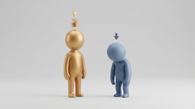 Gen Z & Millennial Financial Planning concept. Gold figure stands tall with coins, blue figure slouches with head down, arrows above.