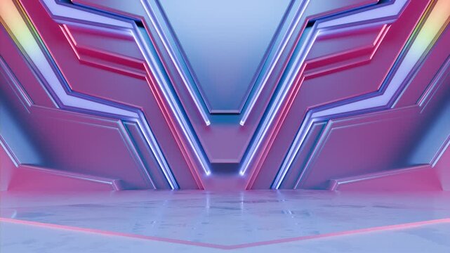 Seamless loop of cyberpunk blue and pink neon geometric wall background. 3D animation
