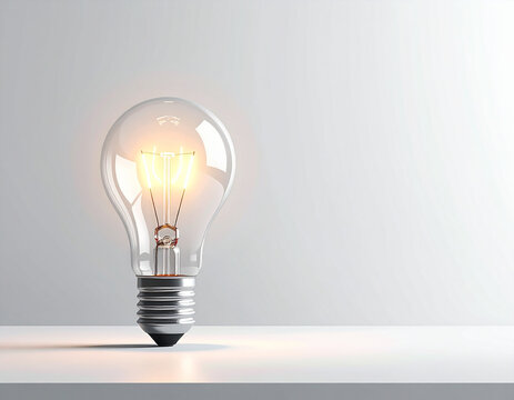 A single glowing light bulb sits on a clean surface, symbolizing an idea.