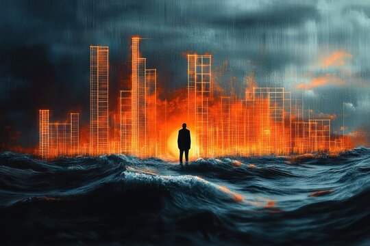 solitary silhouette on stormy ocean waves facing a glowing burning city skyline under dark storm clouds, evoking isolation, awe, and impending doom