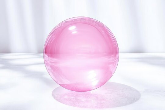 translucent pink glass sphere resting on a white surface with soft reflections and gentle shadow, minimalist serene studio scene