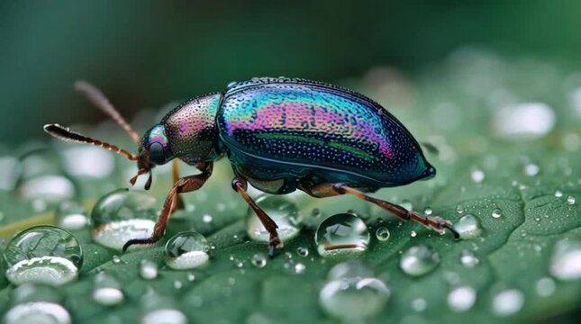 Macro shot of a vibrant, iridescent beetle with a metallic sheen, resting on a lush green leaf adorned with sparkling dewdrops, highlighting the intricate beauty of nature