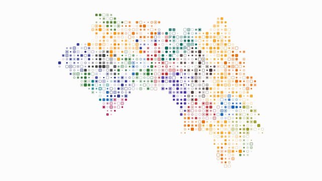 Guinea map animation. Shape of the country with pulsating colored dots. Small size rounded square blocks. Digital style Guinea map on white background. Vibrant video.