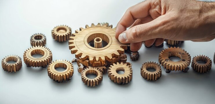 Hand placing a wooden gear among interlocking wooden cogs on a tabletop, conveying careful focus, precision and collaborative problem solving