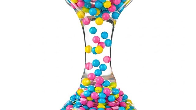 Gender reveal party candy buffet with pink and blue gumballs in glass vase on white background
