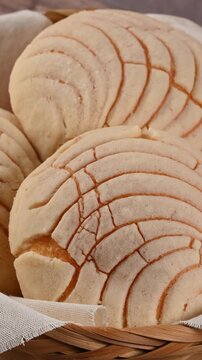 Close-up of freshly baked Mexican vanilla conchas