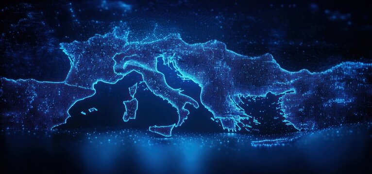 Glowing blue digital map of the Mediterranean coast and islands built from shimmering particles and data points over a reflective surface, evoking a mysterious futuristic mood