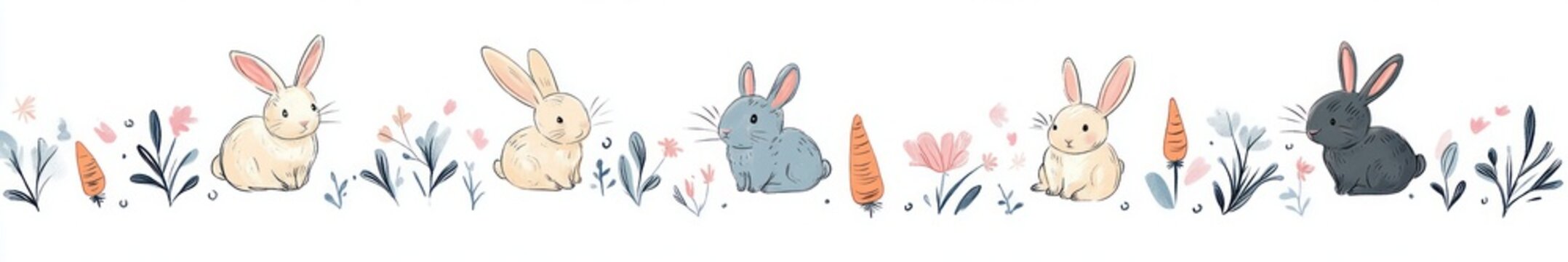 Pastel illustration of a row of cute rabbits in cream, blue, and gray among flowers, leaves, and carrots along a playful spring border