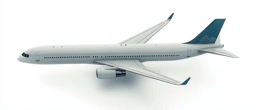 sleek white commercial passenger jet with teal tail and winglets flying calmly in white space, visible engines, fuselage windows, cockpit and soft shadow conveying a serene mood