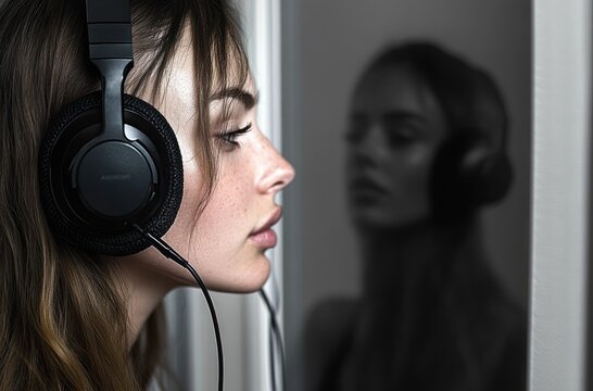 Close-up portrait of a person wearing over-ear headphones in a dim studio, with a blurred grayscale figure in the background, conveying calm focus and privacy.