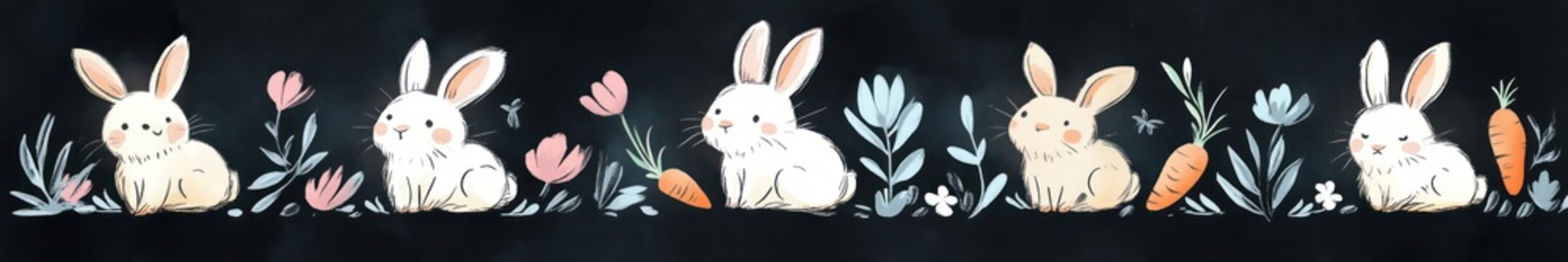 Five white rabbits sit in a whimsical, peaceful garden among pastel flowers, leaves, and carrots against a dark background
