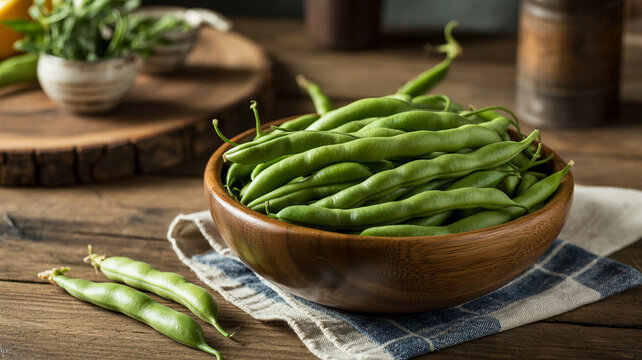 Fresh green beans in a wooden bowl on a rustic table setting