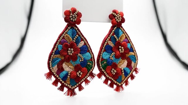 Colorful Embroidered Boho Earrings On White Background, Artisan Teardrop Design With Red Fringe, Floral Motifs, Gold Bead Accents, Studio Closeup For Boutique Catalog And Online Listing
