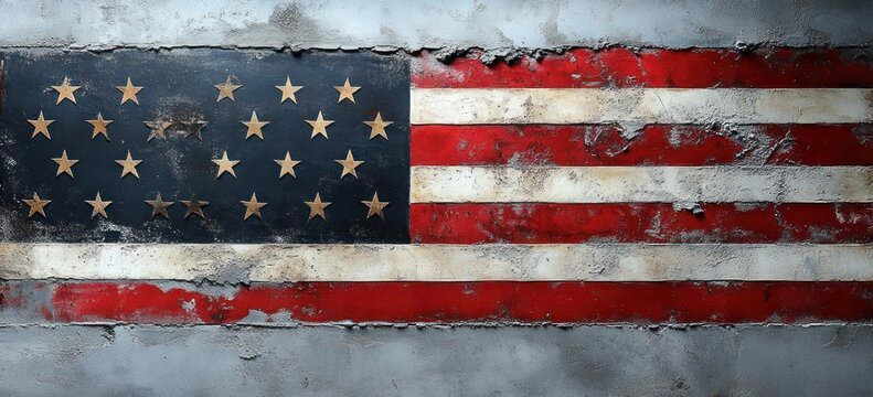 weathered american flag mural with gold stars and peeling red and white stripes on cracked concrete wall, gritty worn texture evoking resilience and somber patriotism