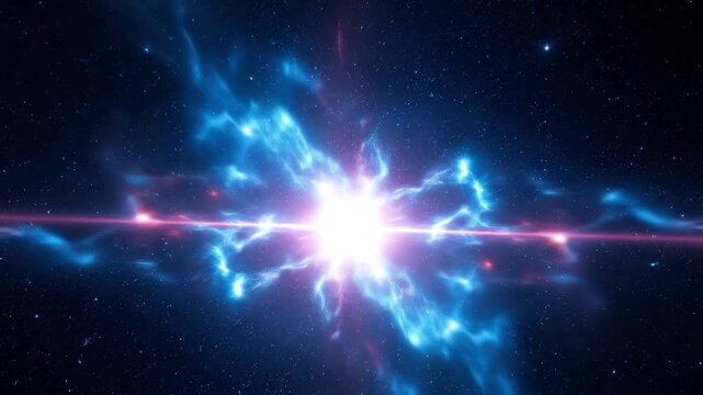 Quantum entanglement visualization, particle physics collision in deep space, cosmic energy burst