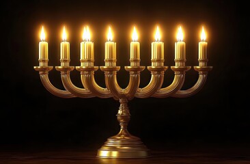 Fototapeta premium golden nine-branched menorah with nine lit candles casting a warm glowing light on a dark background, serene and reverent atmosphere