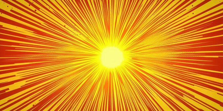 bright glowing yellow center with red and orange comic-style radial rays and halftone dots conveying energetic explosive impact