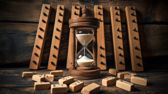 wooden hourglass surrounded by scattered wooden domino-like tiles and pegged game boards on a rustic table, warm nostalgic contemplative mood