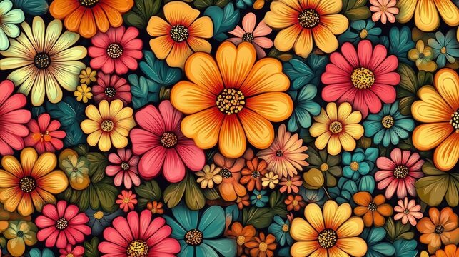 vibrant colorful cluster of stylized flowers and lush leaves forming a cheerful whimsical floral pattern