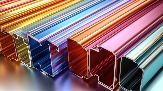 vibrant gleaming multicolored metal extrusion profiles with hollow cross-sections and glossy reflective finish arranged in a diagonal row, bold and dynamic