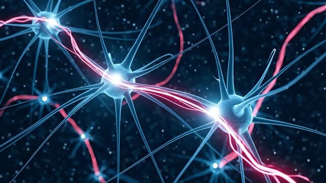 Neural network with glowing synapses and red impulses representing neuroplasticity and brain connectivity.