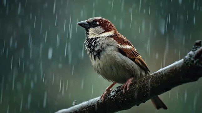 A small house sparrow perches on a wet branch, its feathers glistening as gentle raindrops fall around it, creating a serene and natural scene of resilience