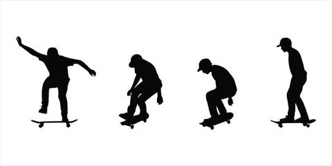Silhouette of a skateboarder performing tricks on a skateboard on white background skateboarding action © Mst