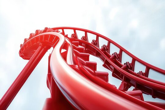 red steel roller coaster track and support column with train cars climbing a steep twisting curve against a bright cloudy sky, conveying exhilaration and adrenaline