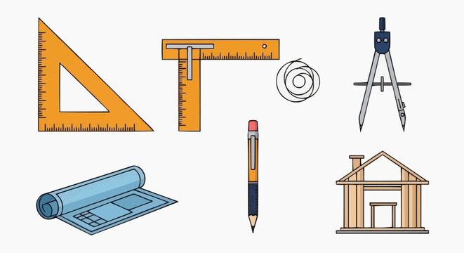 Engineering tools and blueprint set for construction planning and design