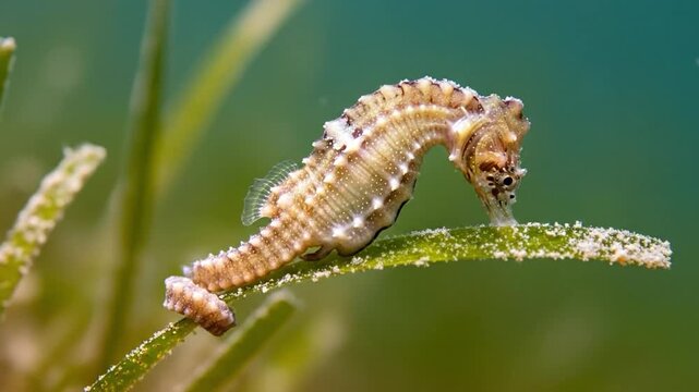 Macro Shot of a Dwarf Seahorse Clinging to Seagrass in a Tropical Marine Habitat