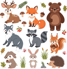 Obraz premium Cute Forest Animals Cartoon Vector Set with Deer Fox Bear Wolf Raccoon Squirrel Rabbit Hedgehog Woodland Wildlife Collection