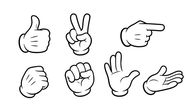 Cartoon white glove hands gesture set thumbs up peace pointing fist open palm vector illustration