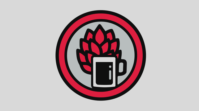 Circular emblem features a beer mug beside a hops flower, all enclosed in a red and black ring