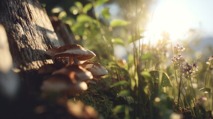 Fototapeta premium Detailed Close-Up of Mushrooms Growing on a Log Surrounded by Greenery and Wildflowers in a Sunlit Forest Scene