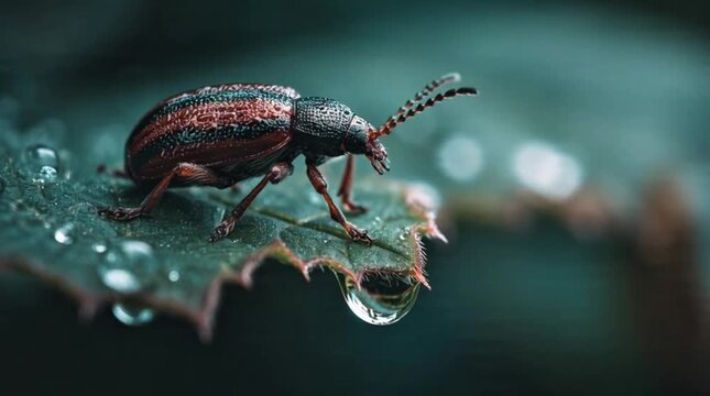 A tiny beetle with intricate patterns rests on a dew-kissed green leaf, its antennae twitching in the morning light
