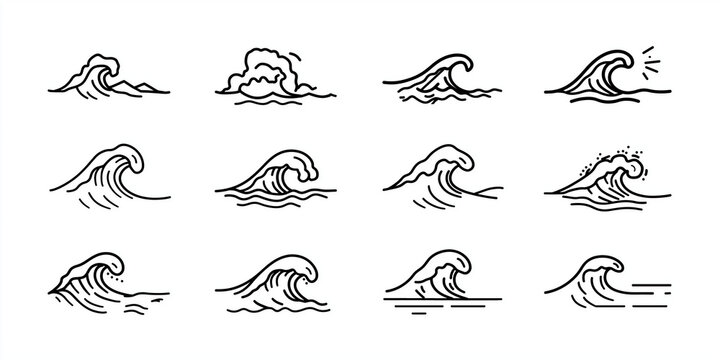 water wave icons set, simple line art, flat design, vector illustration, white background, black lines, minimalism, thin and thick outlines, isolated elements