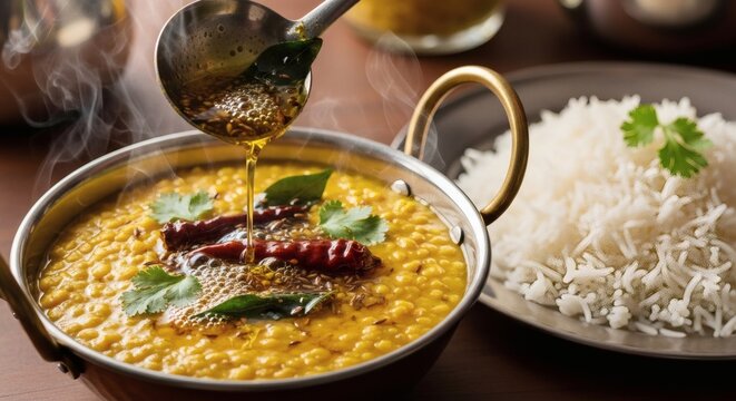 Photorealistic Dal Tadka with Ghee Tempering Poured Mid-Action Spices Sizzling Steam Rising, Metal Bowl with Rice Warm Kitchen Lighting