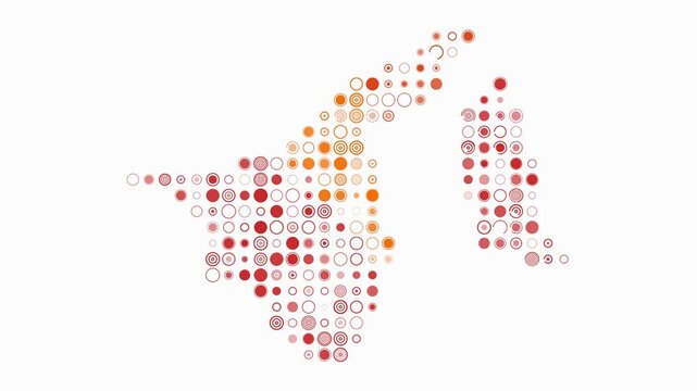 Brunei map animation. Shape of the country with pulsating colored dots. Large size circle blocks. Digital style Brunei map on white background. Vibrant video.