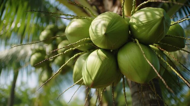 Vibrant green young coconuts thriving on a sun-drenched tropical palm tree