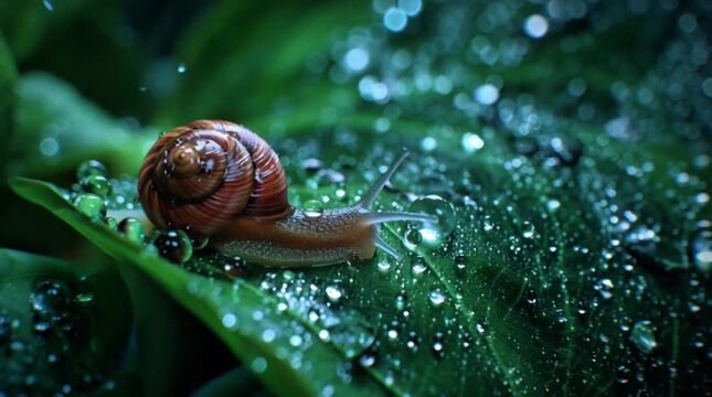Close-up macro shot of a snail on a wet green leaf covered in sparkling water droplets in a lush garden environment