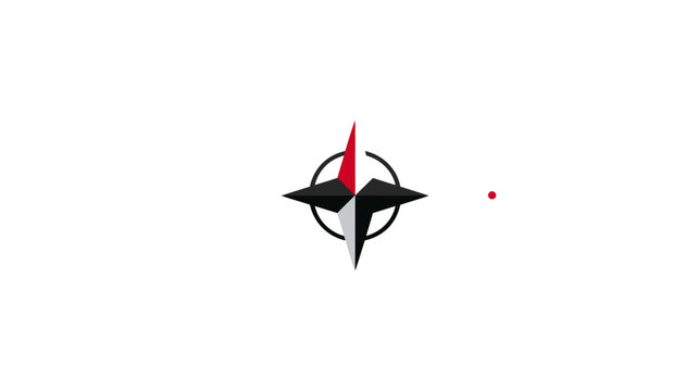 Minimalist logo stylized compass with red, black, and white design on a clean white background