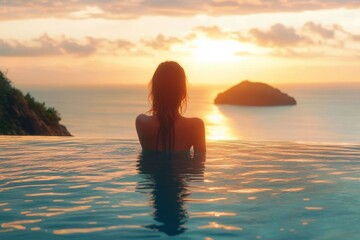 Fototapeta premium woman silhouetted in an infinity pool watching a golden sunset over the ocean and distant island, tranquil reflective moment