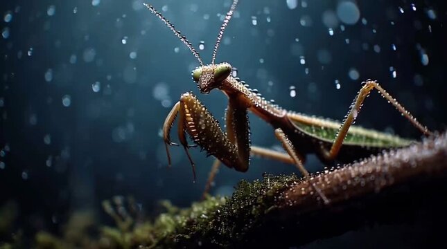 A praying mantis, glistening with countless raindrops, perches stoically on a moss-covered branch, its intricate form illuminated against the moody, dark backdrop of a gentle downpour in the wild