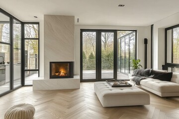 Fototapeta premium bright modern living room with lit fireplace, large beige sectional and ottoman, herringbone wood floor, floor-to-ceiling glass doors opening to wooded terrace, cozy inviting atmosphere