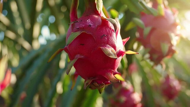 Fresh Dragon Fruit Growing on the Vine in a Tropical Plantation