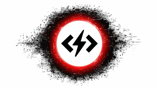 A white circle with a black lightning bolt inside a red ring with pixelated black and gray edges